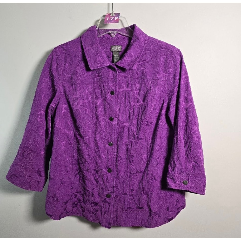 Additions by Chico's Womens Button Down Purple Textured Floral Jacket Size 3